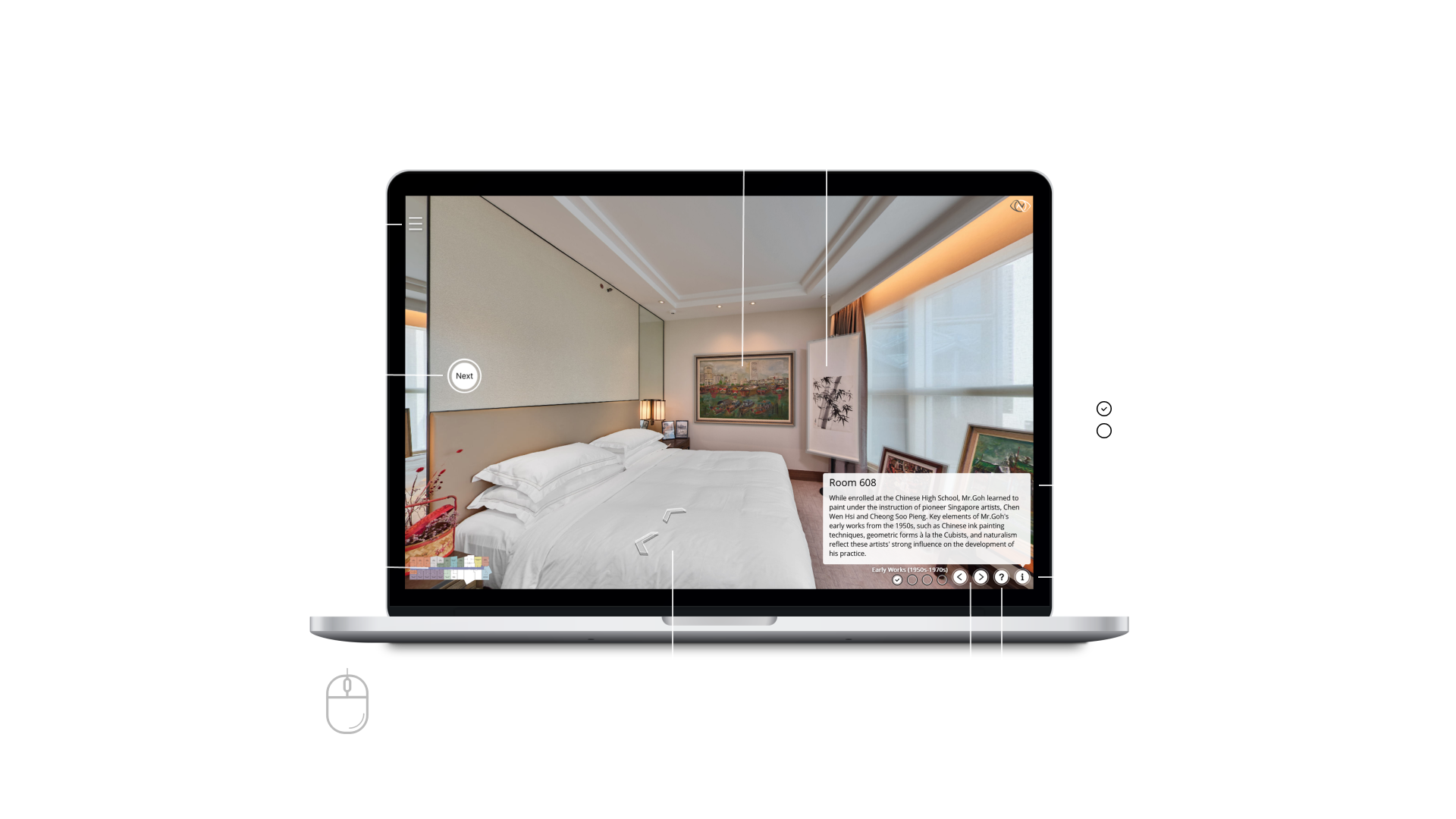 Tour help: drag to look around, use the mouse wheel to zoom, and use the menu, floorplan, arrows, artwork, scene controls, Help, and Info buttons.